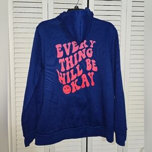 News Women's M Blue Hoodie with Everything Will Be Okay Pink Graphic